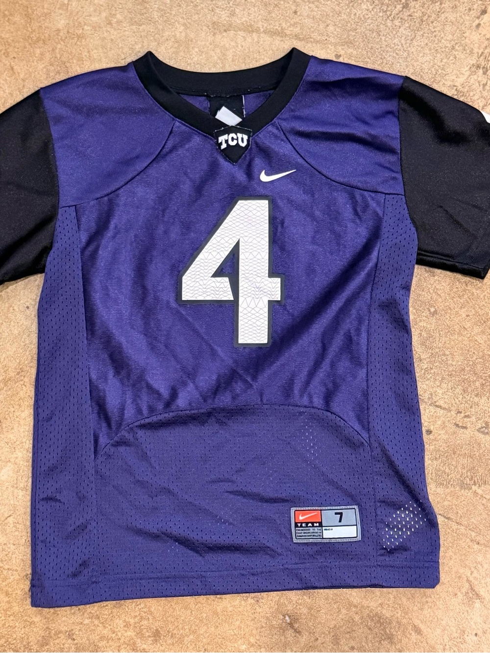 Youth (7) Nike TCU Horned Frogs football jersey # "4" with "frogskin” pattern